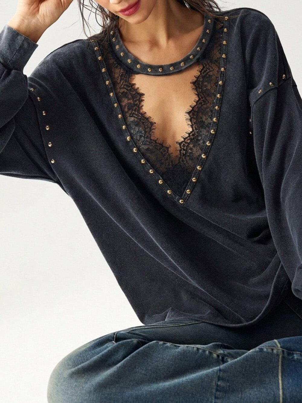 Black Casual Women's Studded Drop Shoulder Pullover